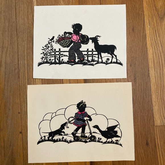 Pair of Vintage Silhouettes - Children with Animals - Picture 1 of 6